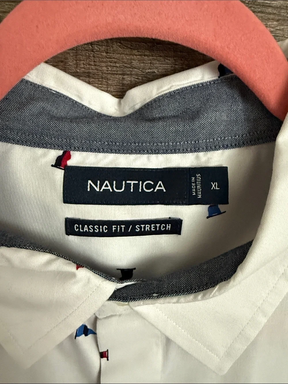 Nautica White Long-Sleeve Button-Down Shirt with Blue & Red Micro Flags